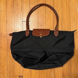 Longchamp Expandable Black Tote Bag with Brown Leather Handles and Accents